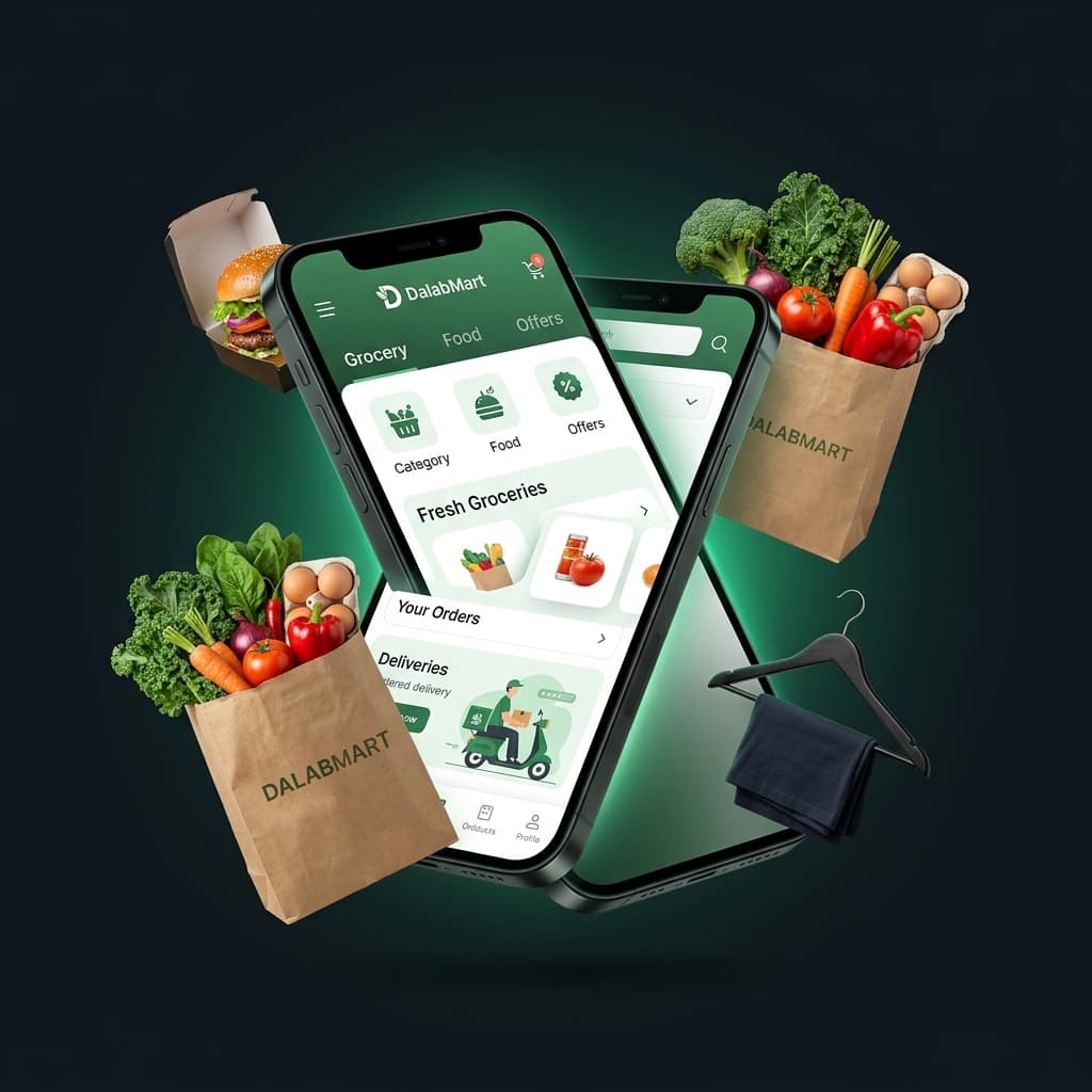 DalabMart app showing food, groceries, and clothing delivery